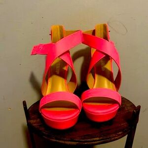 Women High Heel Sandals Cross Strap Open Toe.  Color-Hot Pink. Size- Nine